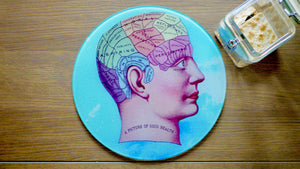 
            
                Load image into Gallery viewer, Phrenology Brain Skull Glass Worktop Saver - Chopping Board - Placemat - Kitsch Republic
            
        