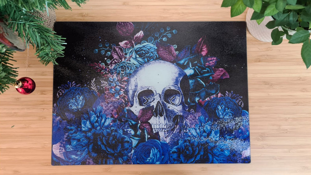 Black Skull and Flowers 40cm x 30cm Worktop Saver B;ue - Kitsch Republic