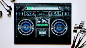 
            
                Load image into Gallery viewer, Stereo Retro Boombox 40cm x 30cm Glass Worktop Saver / Serving Platter / Placemat - Kitsch Republic
            
        