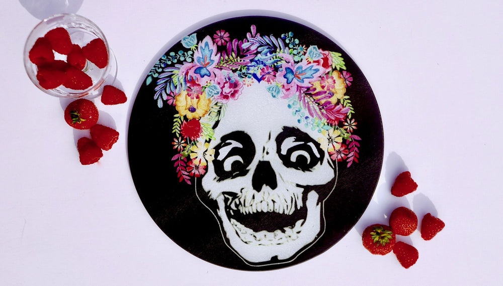 
            
                Load image into Gallery viewer, Flower Crown Skull Glass / Day of the Dead Worktop Saver - Chopping Board - Placemat - Kitsch Republic
            
        
