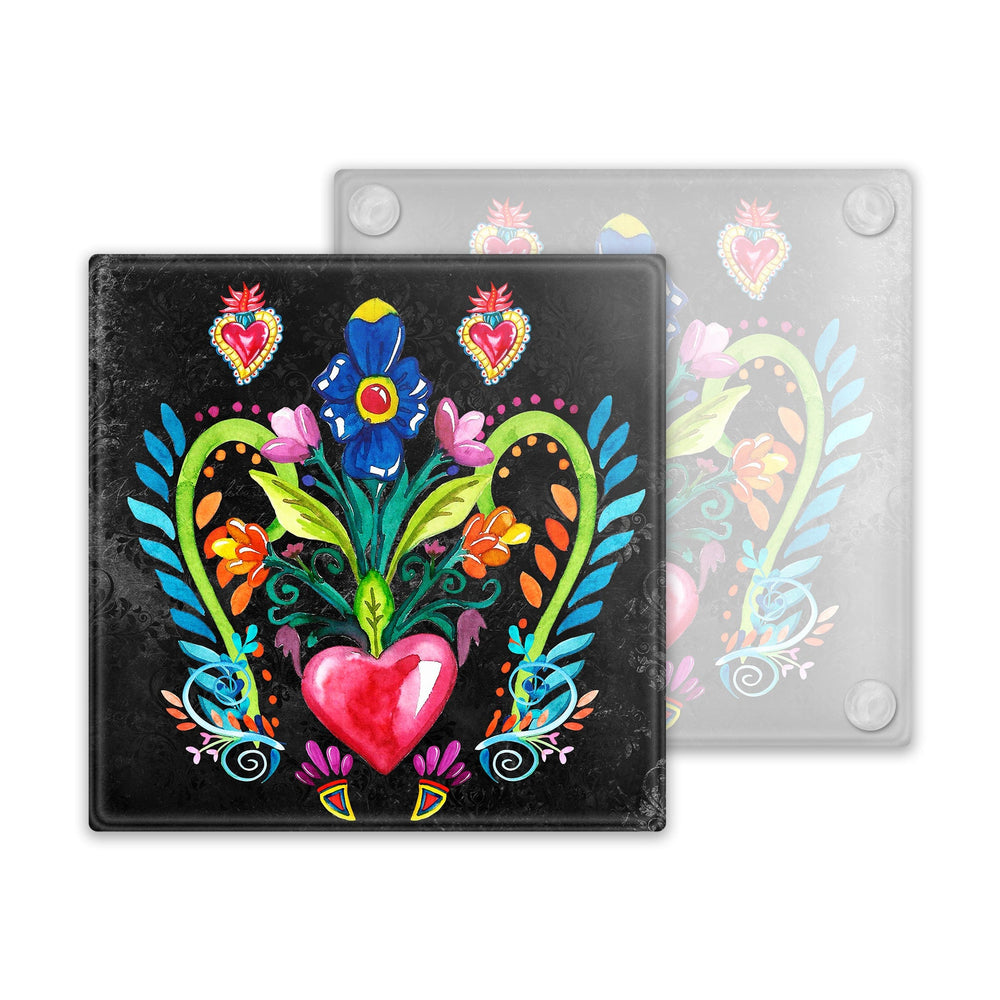 Mexican Heart and Flowers Valentines Glass Coaster