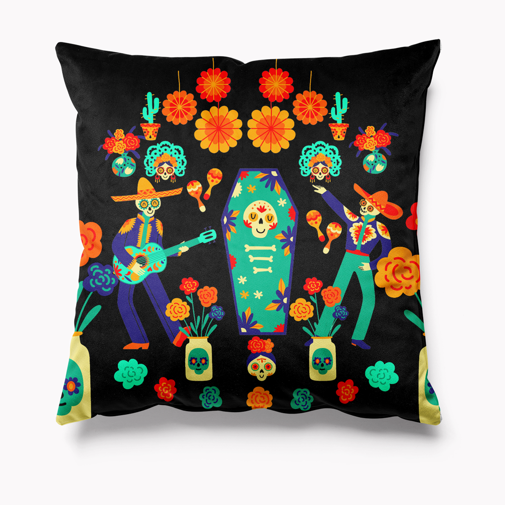 
            
                Load image into Gallery viewer, Day of the Dead Music Black Skeletons Horror Halloween Velvet Cushion
            
        