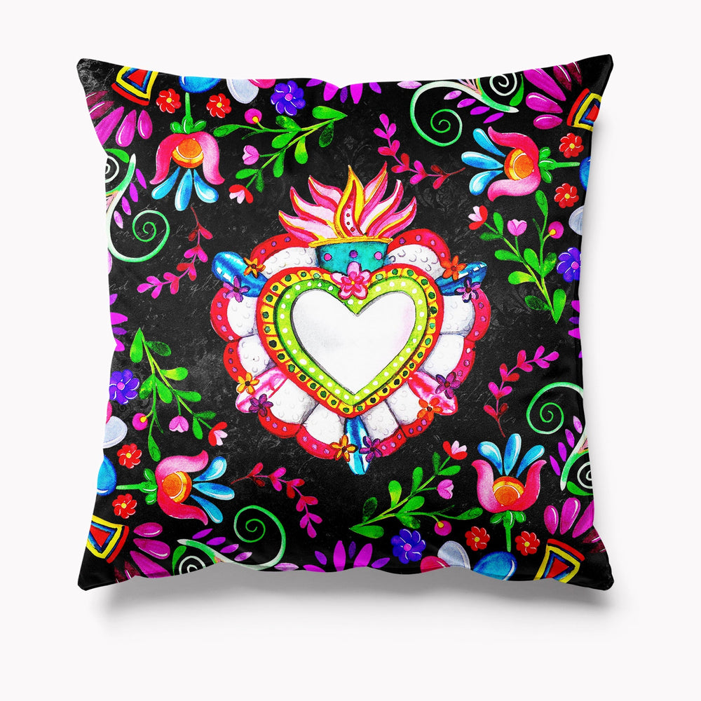 Mexican Heart and Flowers Velvet Cushion