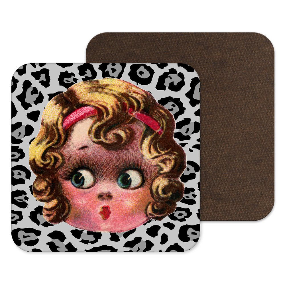 Weird Rockabilly Doll Face Leopard Print Coaster Drinks Mat