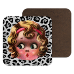 Weird Rockabilly Doll Face Leopard Print Coaster Drinks Mat