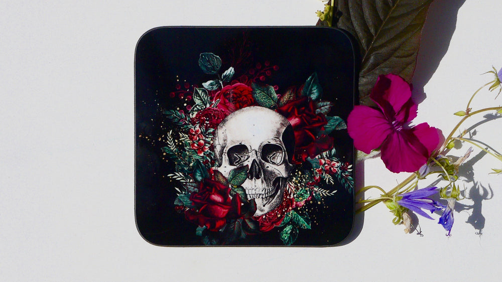 Floral Skull drinks mat, skulls gift - horror gift