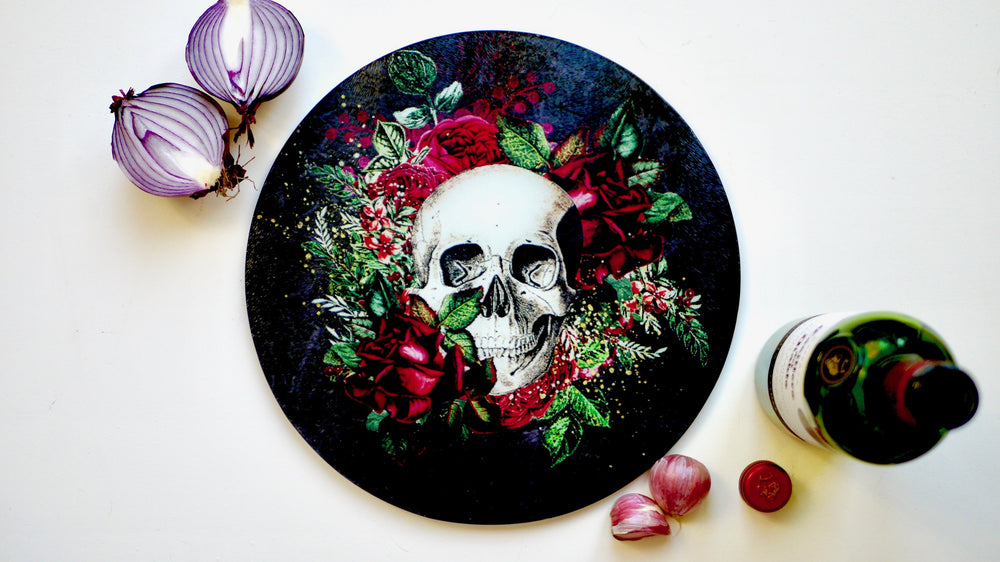 Floral Black Skull Glass Worktop Saver - Chopping Board - Placemat - Kitsch Republic