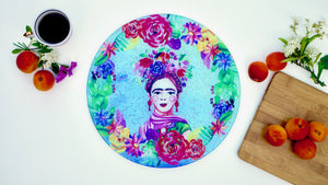 
            
                Load image into Gallery viewer, Frida Khalo Blue Glass Worktop Saver - Chopping Board - Placemat - Kitsch Republic
            
        