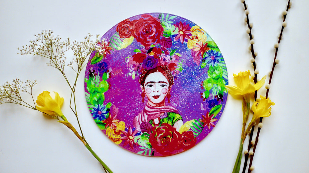 
            
                Load image into Gallery viewer, Frida Khalo Purple Glass Worktop Saver - Chopping Board - Placemat - Kitsch Republic
            
        