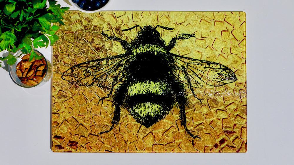 Gold Large Bee 40cm x 30cm Glass Worktop Saver / Serving Platter / Placemat - Kitsch Republic