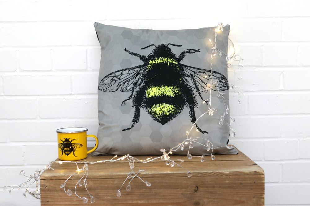 
            
                Load image into Gallery viewer, Grey Bee Velvet Cushion - Kitsch Republic
            
        