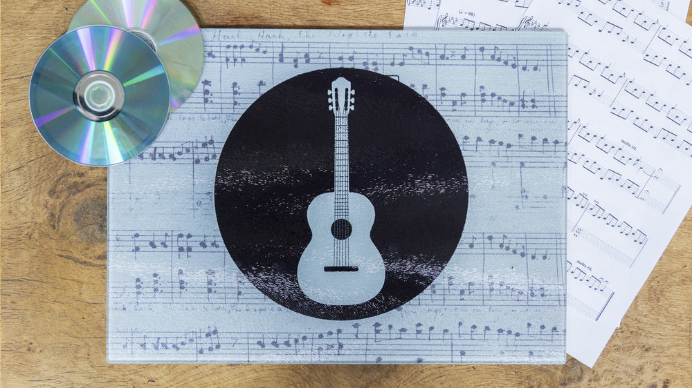 Grey Guitar Music Gift 40cm x 30cm Glass Worktop Saver / Serving Platter / Placemat - Kitsch Republic