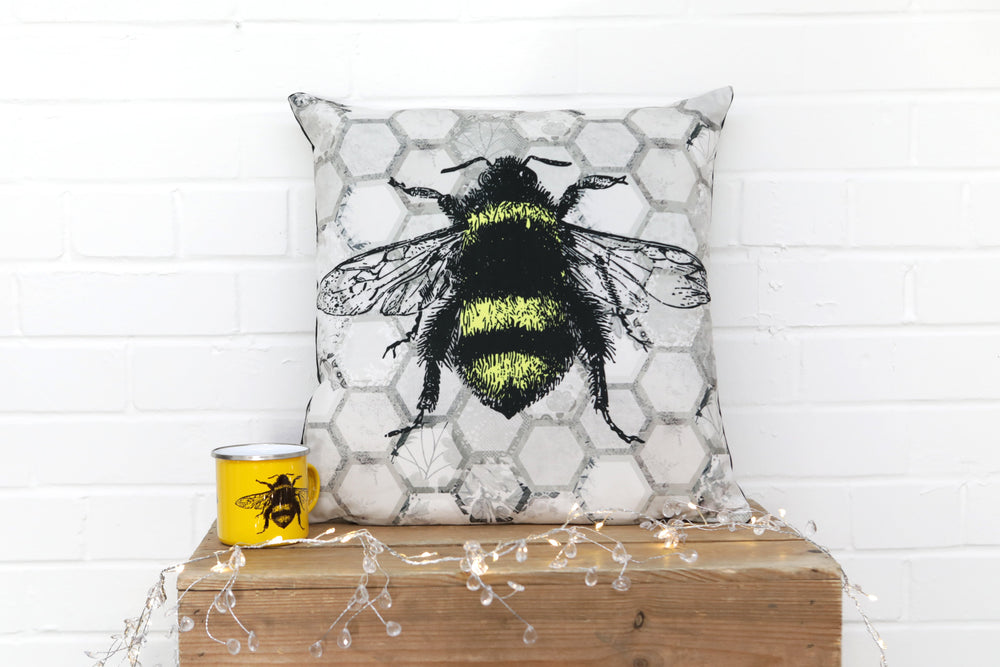 
            
                Load image into Gallery viewer, Grey Honeycomb Bee Velvet Cushion - Kitsch Republic
            
        