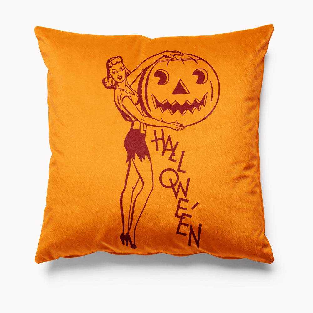 Pinup Orange Velvet Halloween Cushion