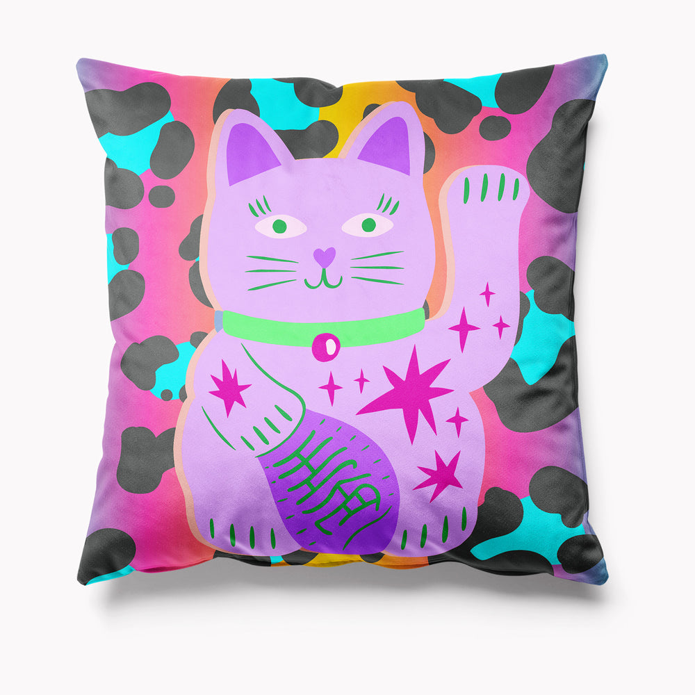 Lucky Cat Leopard Print Velvet Cushion