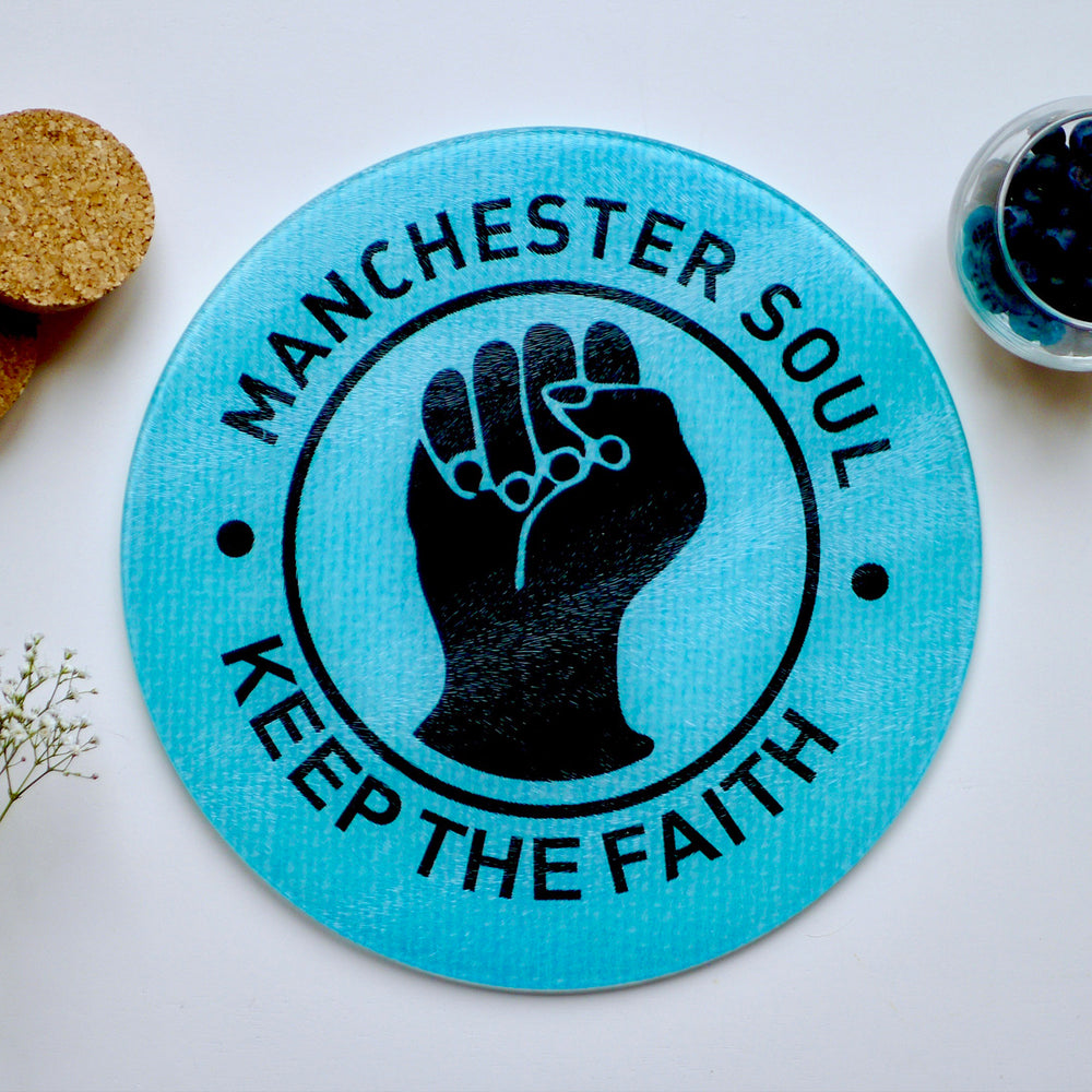 Mancheter Soul - Northern Soul Blue Glass Worktop Saver - Chopping Board - Placemat - Kitsch Republic