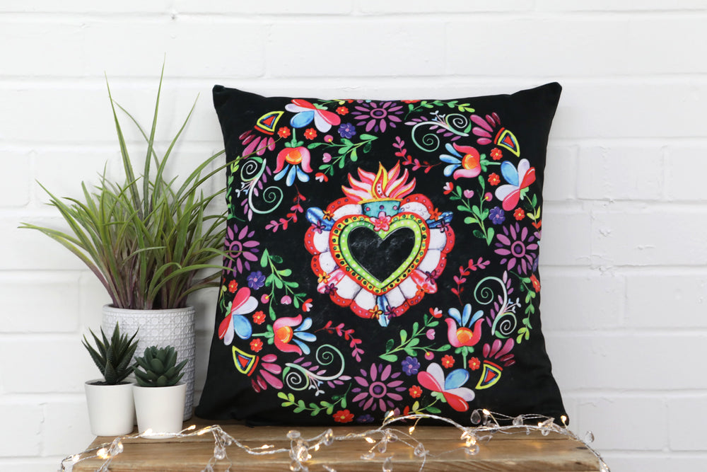 Mexican Hearts and Flowers Velvet Cushion - Kitsch Republic