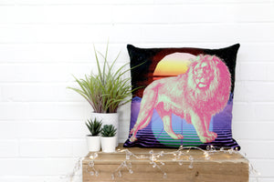 
            
                Load image into Gallery viewer, Neon Retro Lion Velvet Cushion - Kitsch Republic
            
        