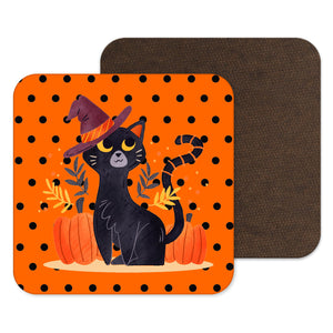 Orange Halloween Black Cat Coaster Polkadot