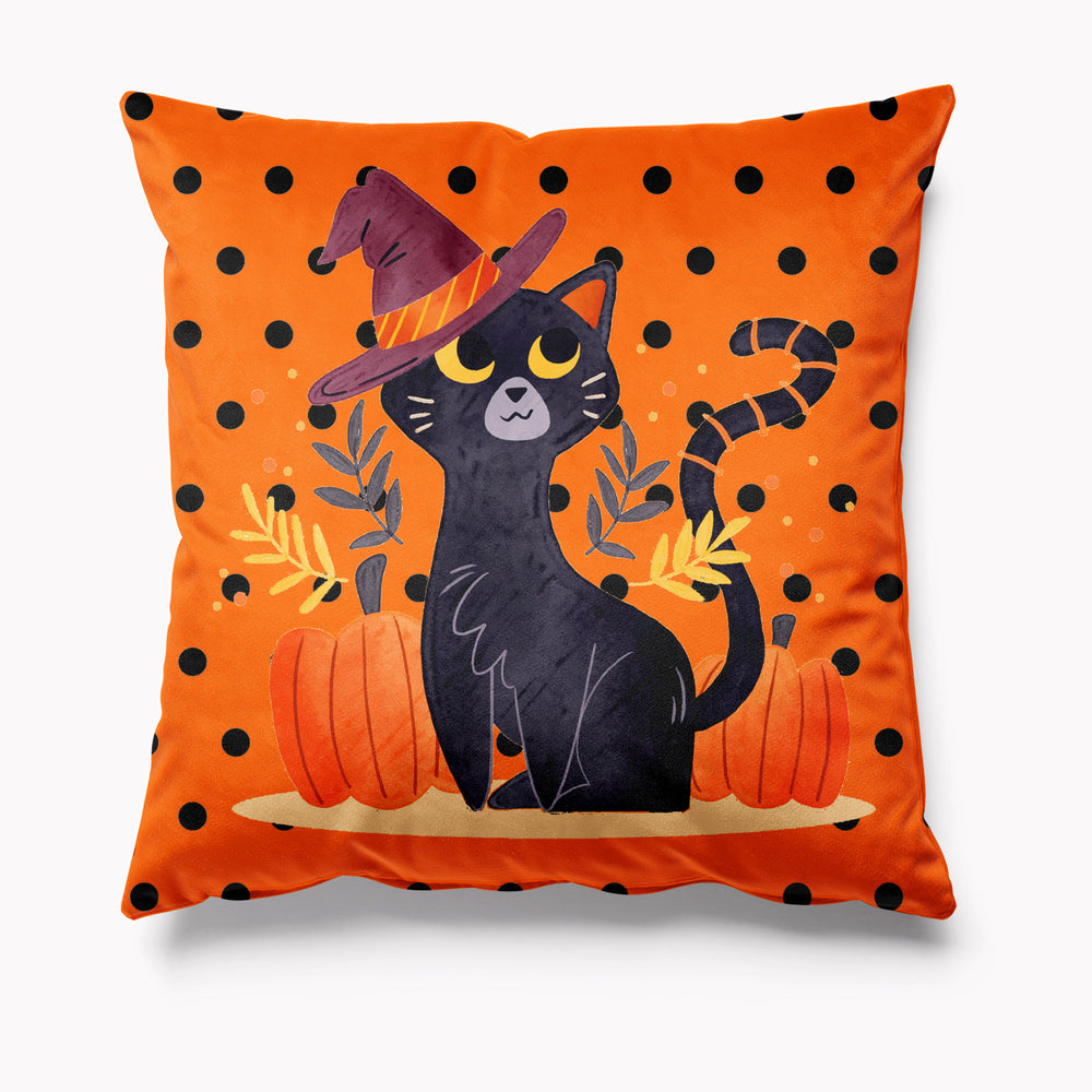 
            
                Load image into Gallery viewer, Orange Polkadot Halloween Black Cat Cushion
            
        