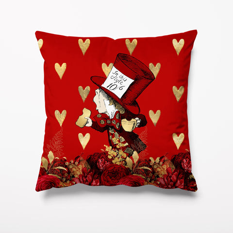 Outdoor Garden Cushion - Alice in Wonderland Red Gold Mad Hatter - Kitsch Republic