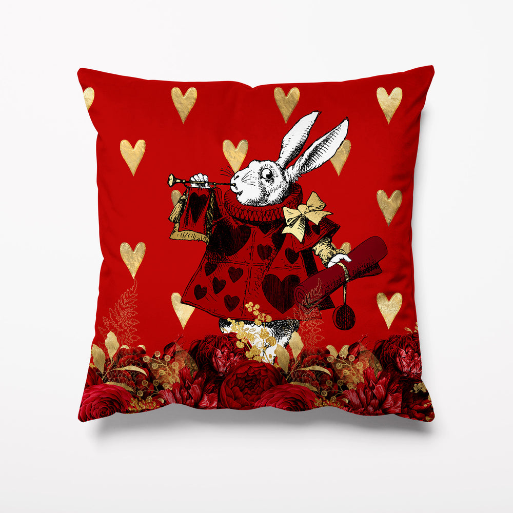 Outdoor Garden Cushion - Alice in Wonderland Red Gold Rabbit Hare - Kitsch Republic