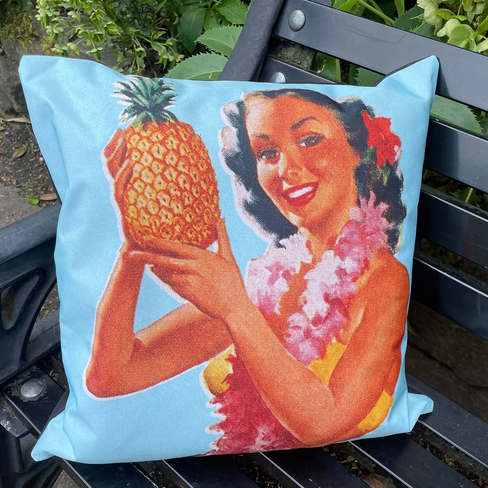 Outdoor Garden Cushion - Tiki Pineapple Pinup Lady - Kitsch Republic