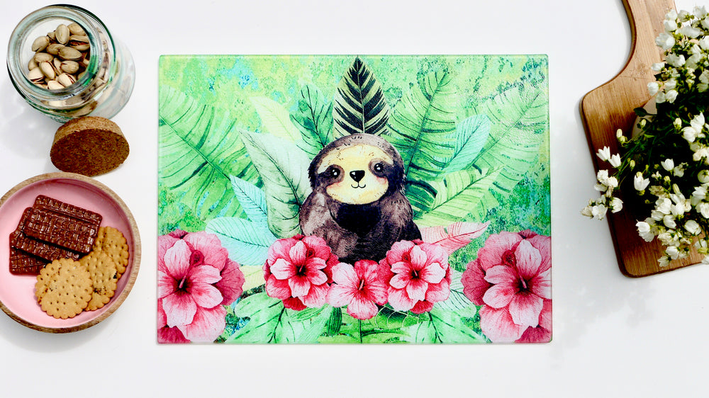 Cute Sloth 40cm x 30cm Toughened Glass Chopping Board / Worktop Saver / Cutting Board / Placemat - Kitsch Republic