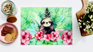 Cute Sloth 40cm x 30cm Toughened Glass Chopping Board / Worktop Saver / Cutting Board / Placemat - Kitsch Republic
