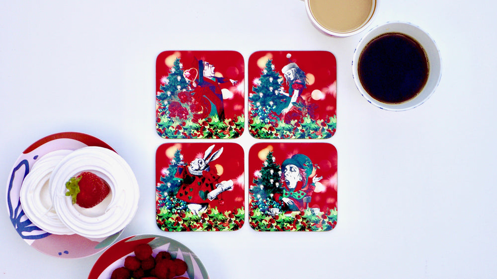 Alice in Wonderland Christmas Coasters - Red - Kitsch Republic