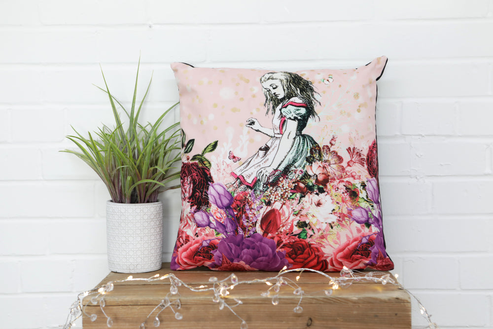 
            
                Load image into Gallery viewer, Alice in Wonderland Pink Velvet Cushion - Kitsch Republic
            
        