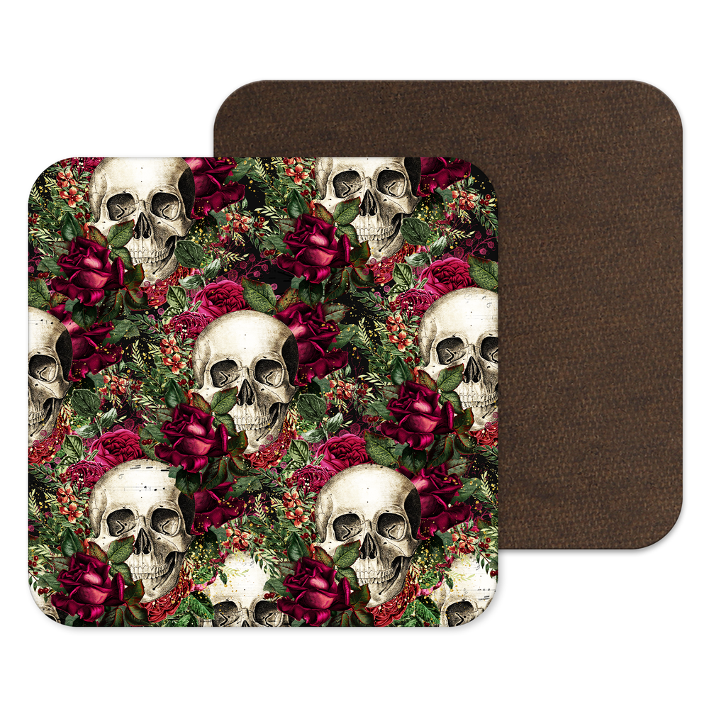 Red Roses and Skulls Horror Creepy Halloween skeleton Coaster