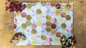 
            
                Load image into Gallery viewer, Rose Gold Marble Honeycomb Bee 40cm x 30cm Glass Worktop Saver / Serving Platter / Placemat - Kitsch Republic
            
        