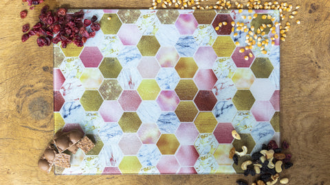 Rose Gold Marble Honeycomb Bee 40cm x 30cm Glass Worktop Saver / Serving Platter / Placemat - Kitsch Republic