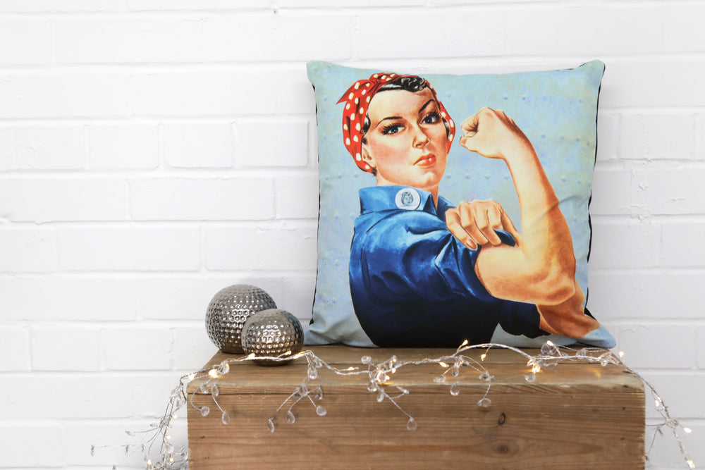 
            
                Load image into Gallery viewer, Rosie Riviter Velvet Cushion - Kitsch Republic
            
        