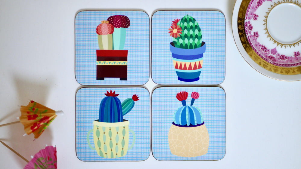 Cactus Succulents Coasters - Blue - Set of 4 - Kitsch Republic
