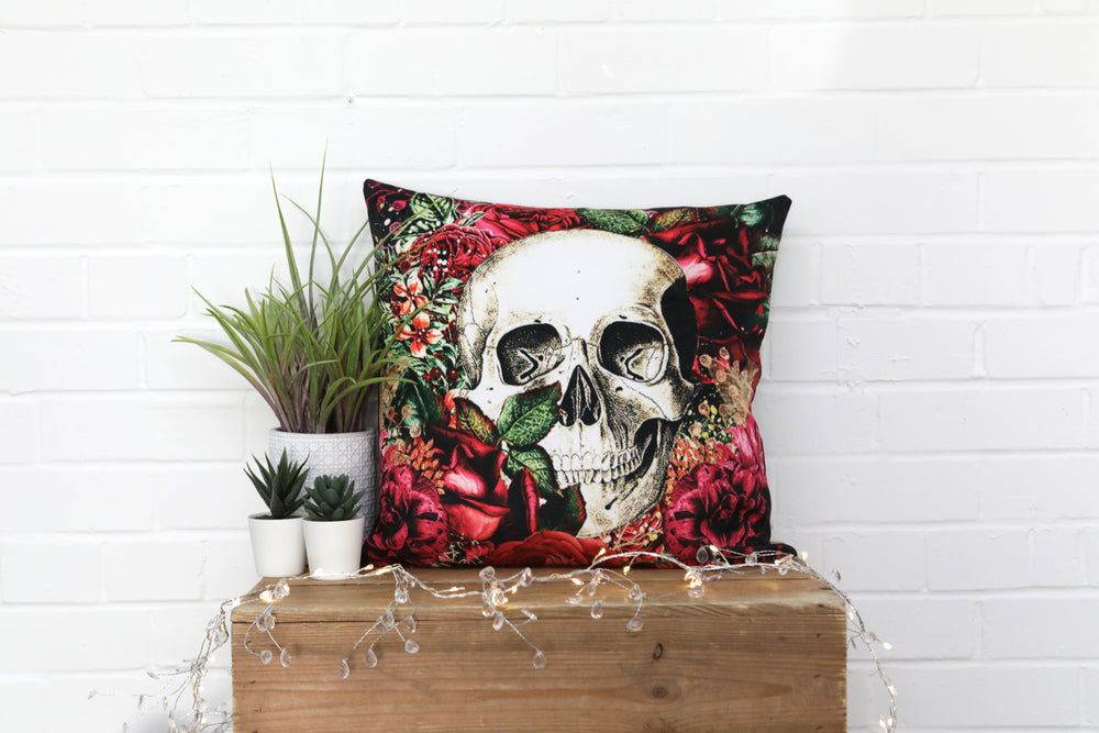Skull and Roses Velvet Cushion - Kitsch Republic