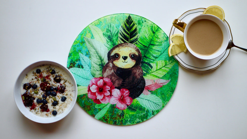 Cute Green Sloth Glass Worktop Saver - Chopping Board - Placemat - Kitsch Republic