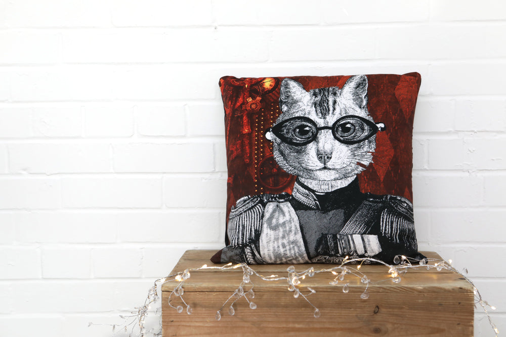 Steampunk Cat Velvet Cushion - Kitsch Republic