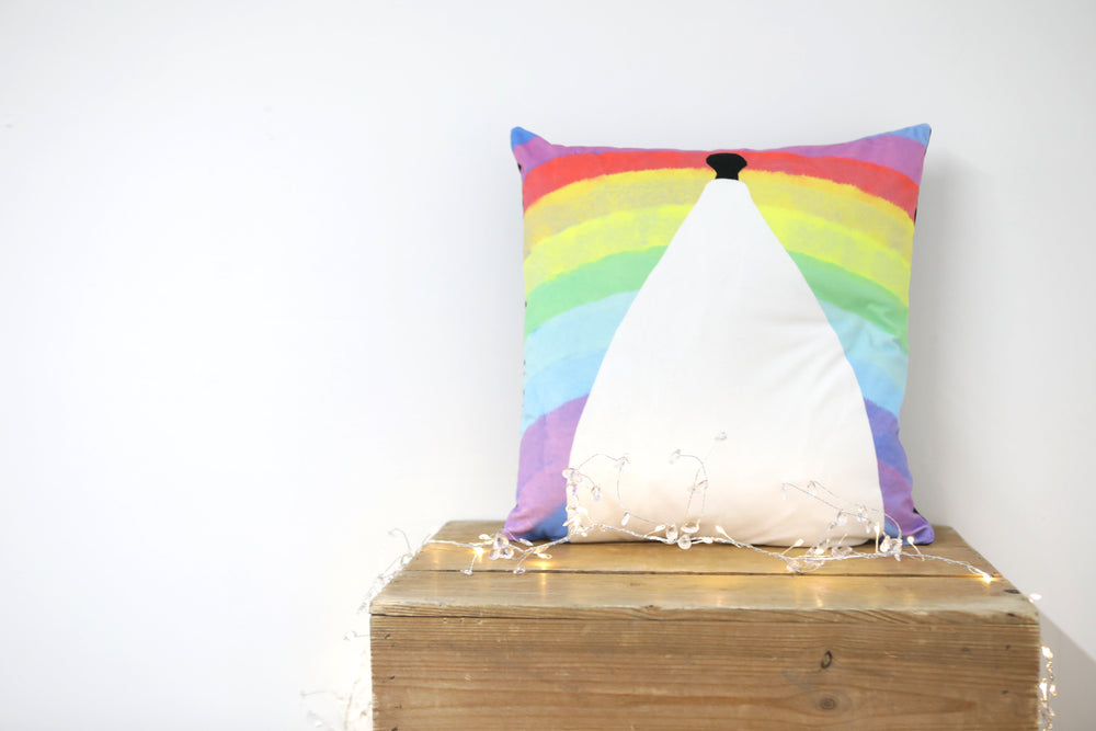 
            
                Load image into Gallery viewer, White Nancy Bollington Rainbow Velvet Cushion - Kitsch Republic
            
        