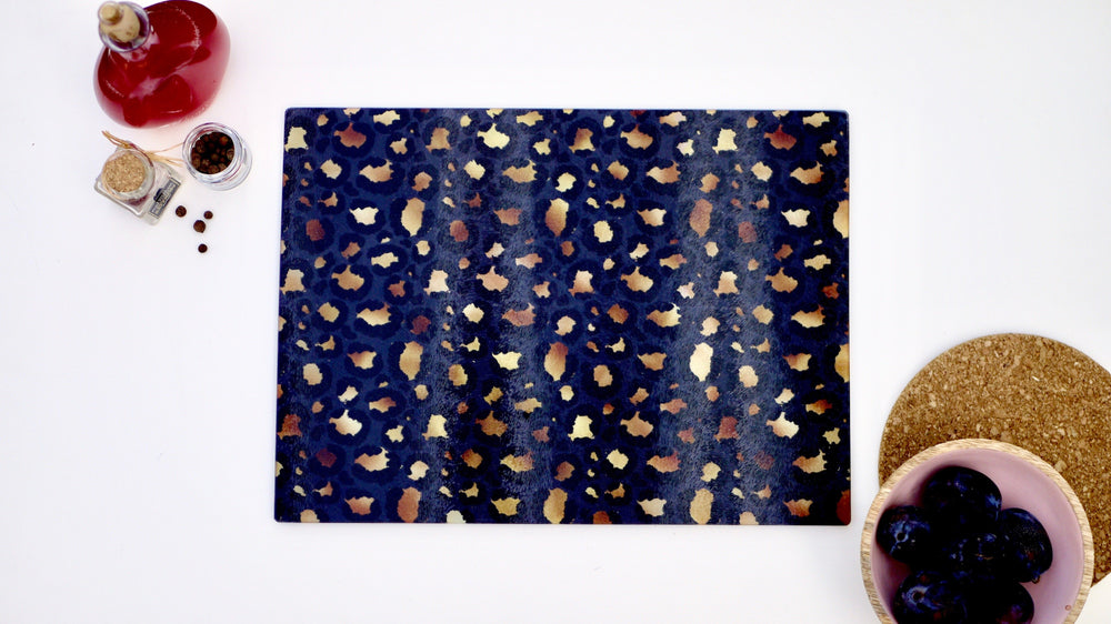 
            
                Load image into Gallery viewer, Black and Gold Leopard Print 40cm x 30cm Worktop Saver - Kitsch Republic
            
        