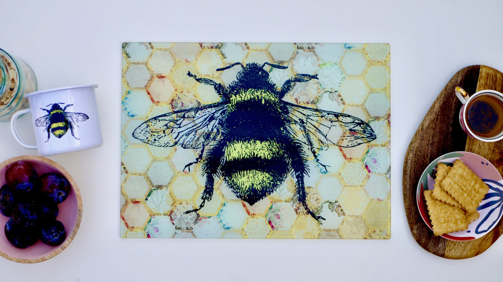 Yellow Large Bee Honeycomb 40cm x 30cm Glass Worktop Saver / Serving Platter / Placemat - Kitsch Republic