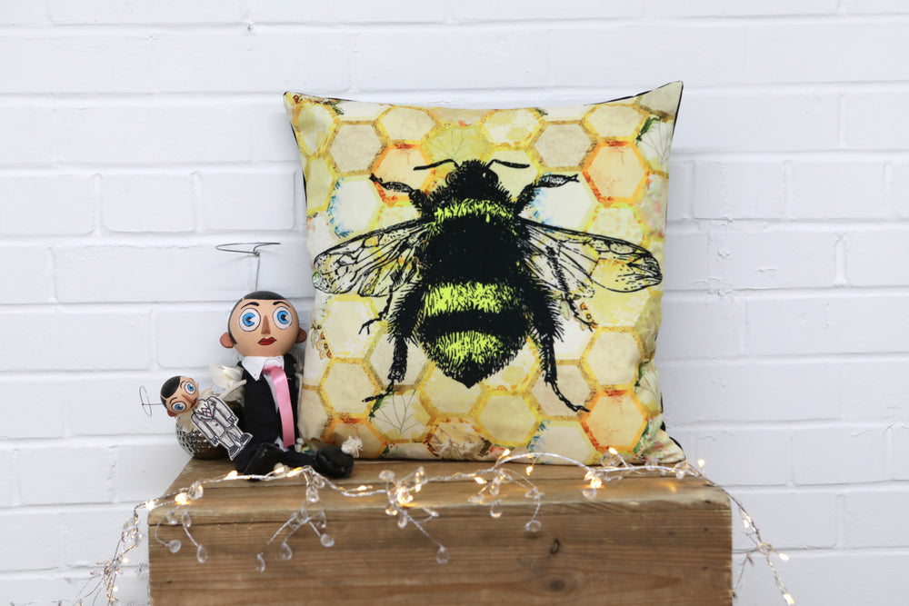 Yellow Honeycomb Bee Velvet Cushion - Kitsch Republic