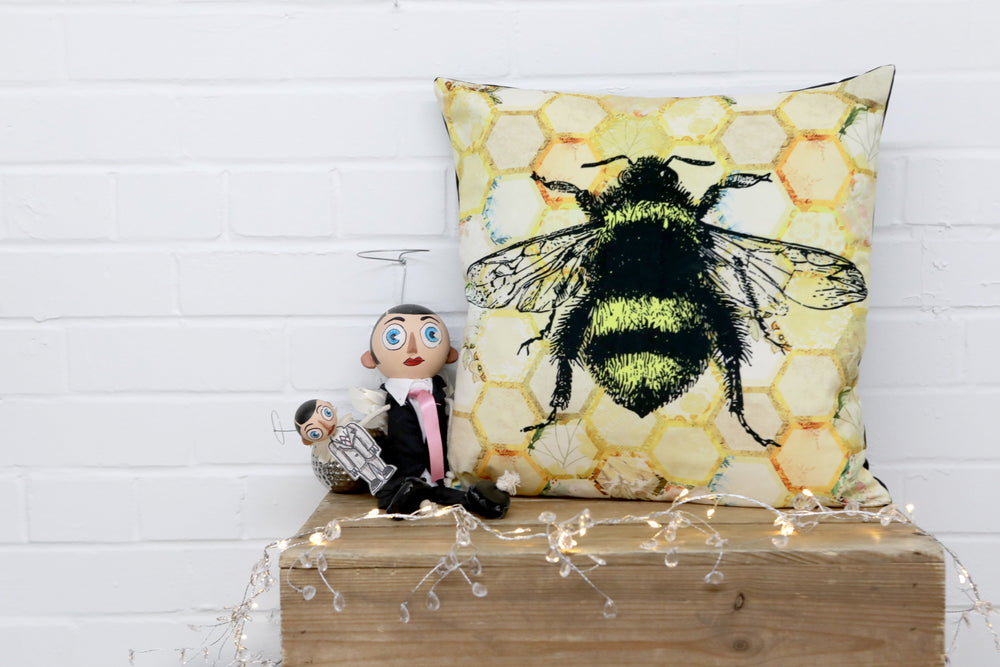 
            
                Load image into Gallery viewer, Yellow Honeycomb Bee Velvet Cushion - Kitsch Republic
            
        