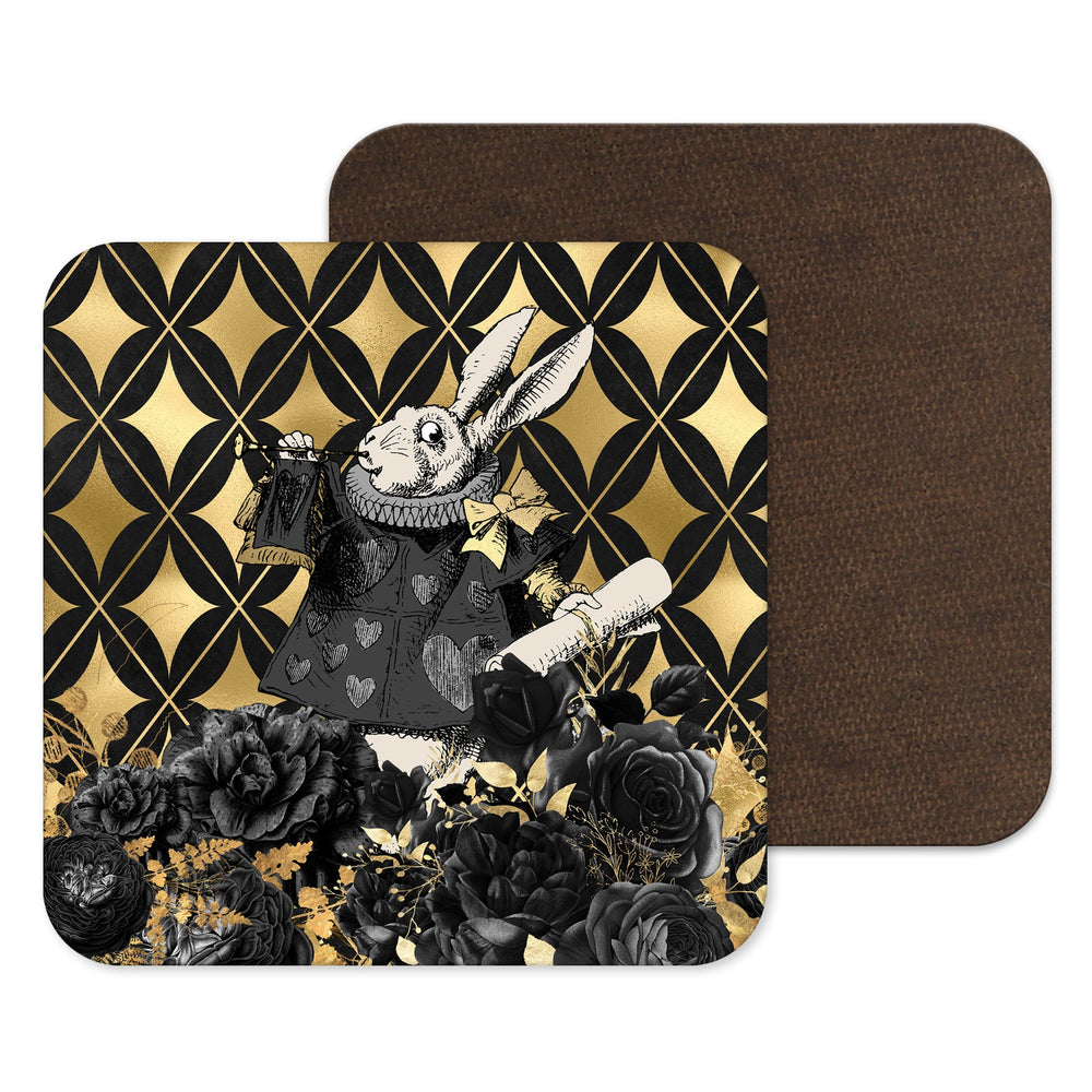 Alice in Wonderland White Rabbit Black and Gold Coaster