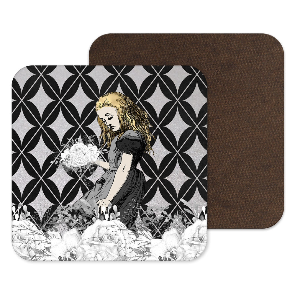 
            
                Load image into Gallery viewer, Alice in Wonderland Black and Silver Drinks Mat Coaster
            
        