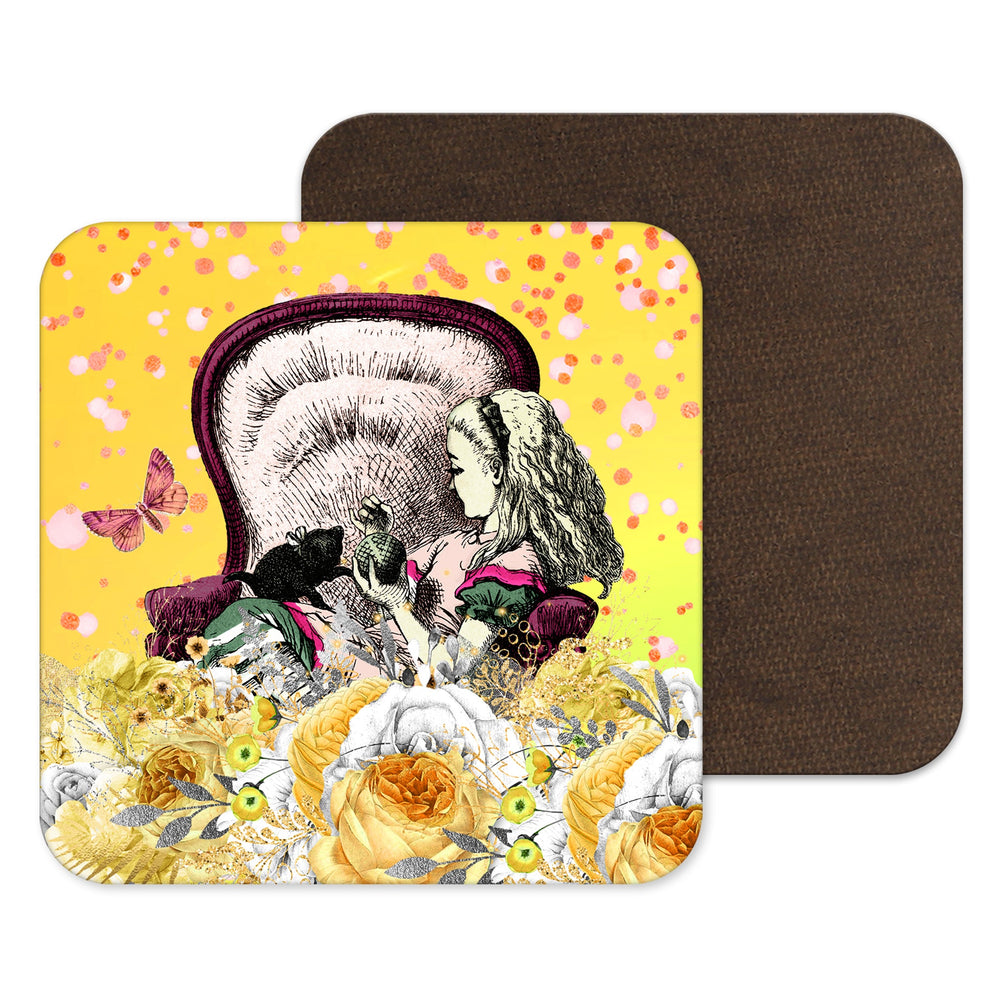 Alice in Wonderland Yellow gift, drinks coaster, drinks mat - pretty floral decor