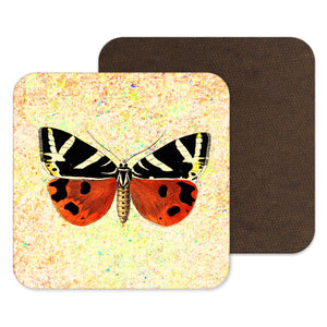 Yellow coaster, butterfly gift, red black butterfly, drinks mat, coaster, gift