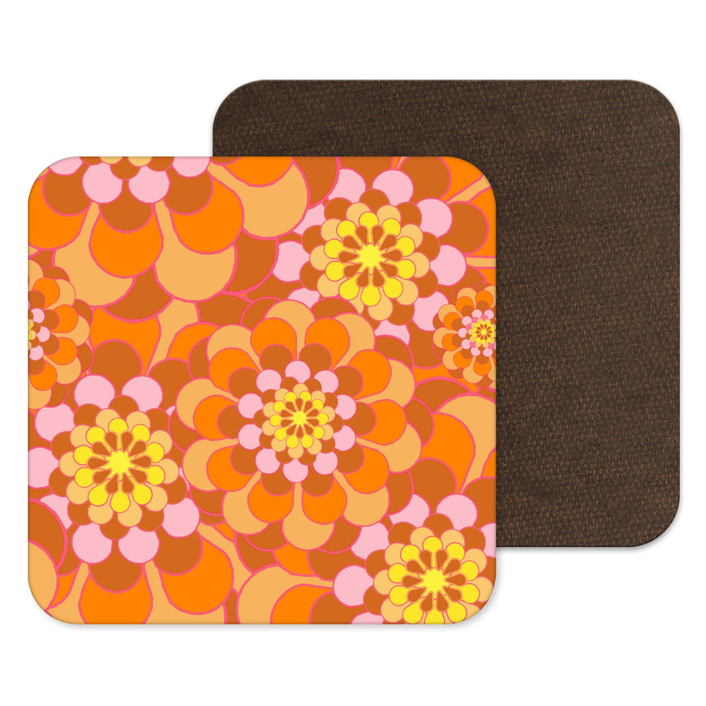 Orange Brown Retro Coaster - Floral - Mid Century