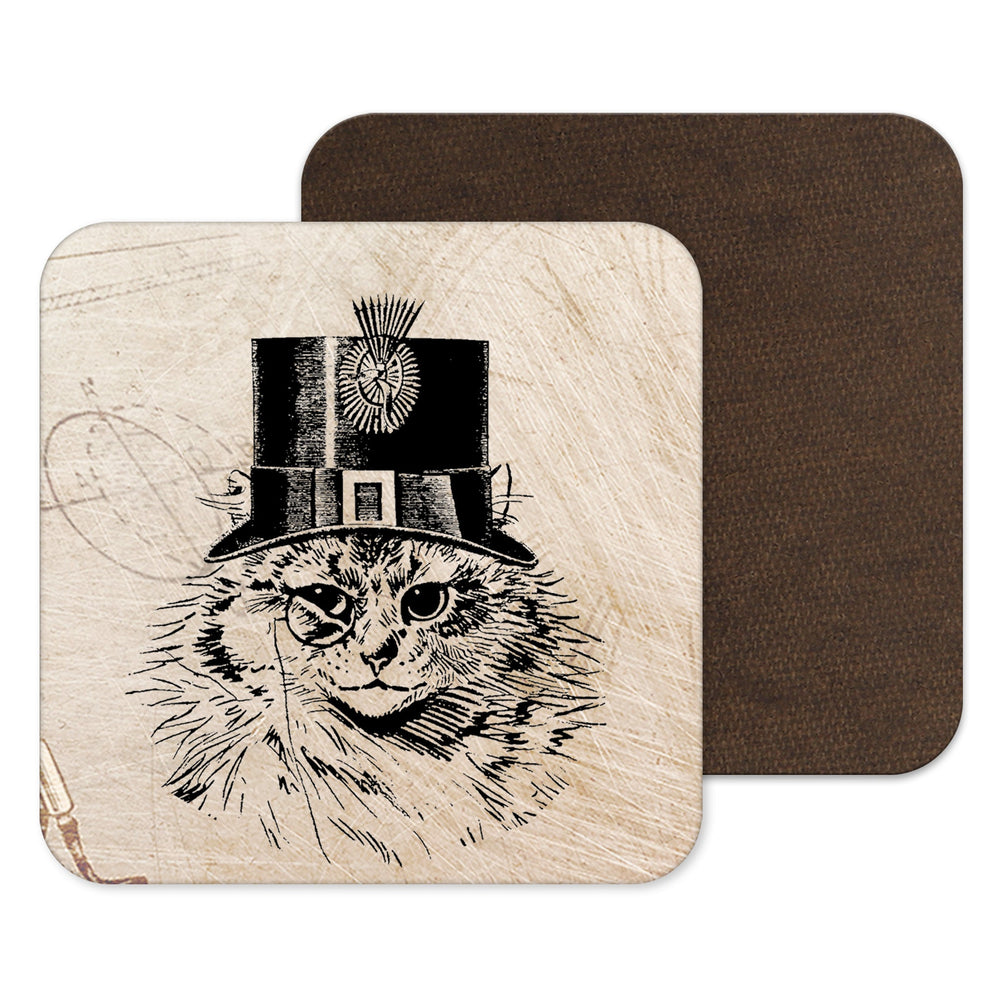 Steampunk Cat, Top Hat, Victorian Era, Industrial Style Coaster Steampunk Science Fiction Gift